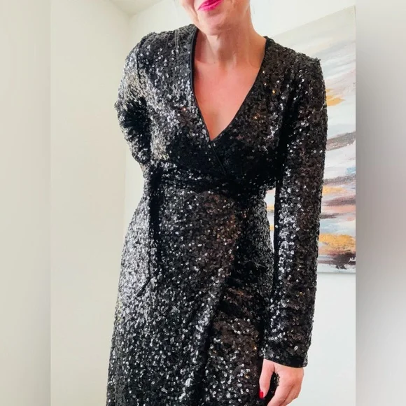 H&M Black Sequin Wrap Midi Dress M | Party Holiday Glam - Picture 4 of 16